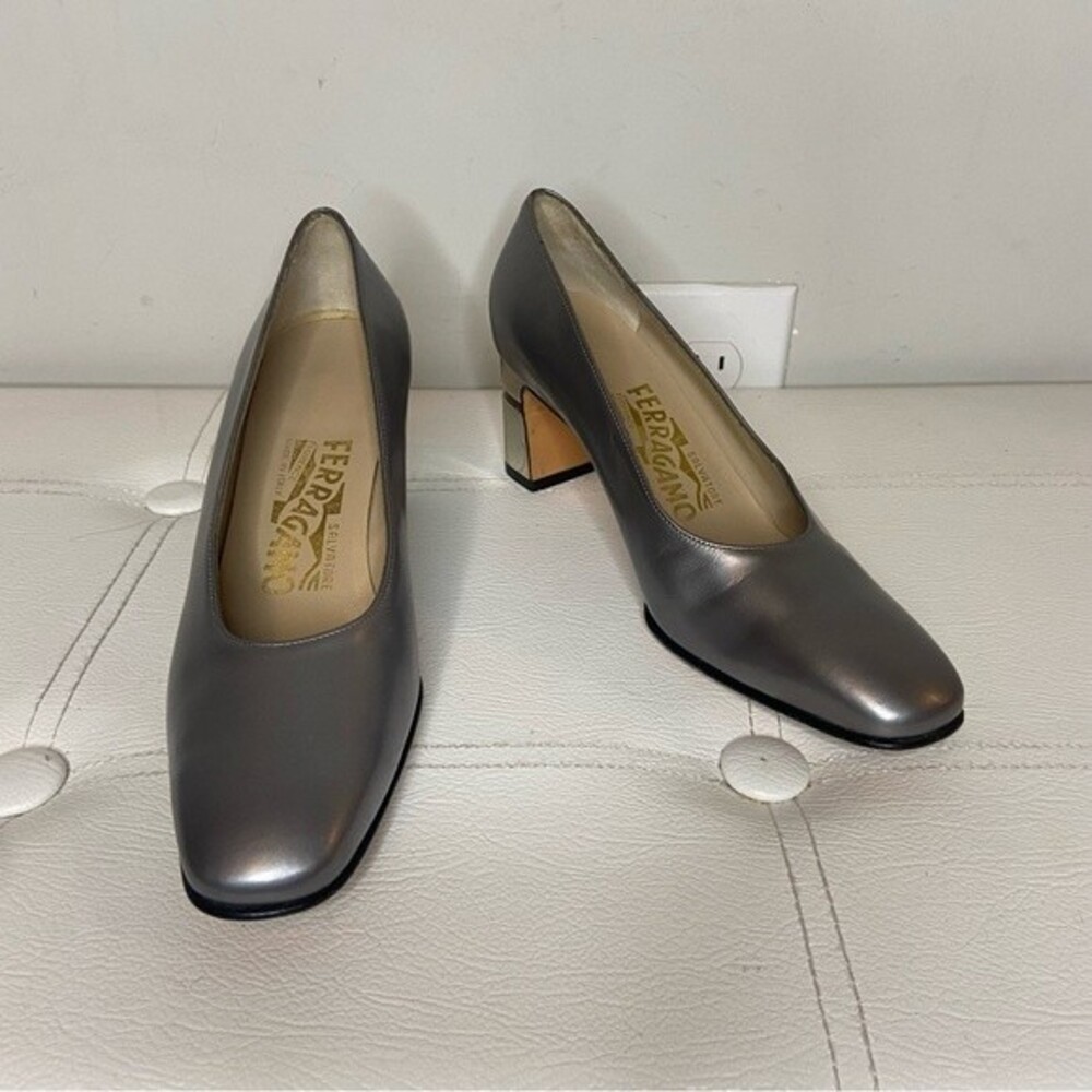 Salvatore Ferragamo Silver Block Heels With Logo Size 5